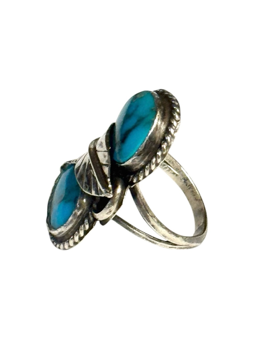 60’s Navajo Made Morenci Turquoise & Sterling Silver Split-Stone Ring Sz 5.5 - Picture 3 of 4